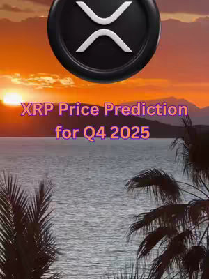 The cover image features a sunset over a body of water. Above the horizon is a circular black XRP logo with the XRP symbol in white. The text "XRP Price Prediction for Q4 2025" appears in a vibrant pink-purple gradient. The image has a warm color palette with the sun setting in the background and palm trees framing the bottom