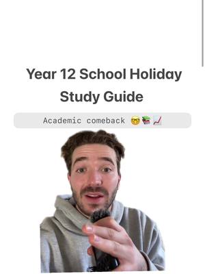 The cover image features a man in a gray hoodie centered against a white background. Above him is text that says 'Year 12 School Holiday Study Guide'  and a text box that says 'Academic comeback' with emojis. The man is looking directly at the camera with a microphone in hand.