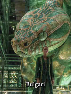 The image focuses on a large, ornate sculpture of a serpent head. Above it is a woman in a green dress. Over the woman is the word "Bvlgari".