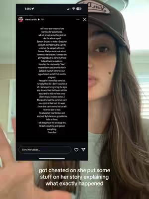 The cover image shows a woman in front of an Instagram story-like screen showing a text conversation on a black background. The woman is wearing a cap with text. The background features blurred interior elements. There is caption text at the bottom of cover image.