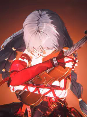 The cover shows an anime-style character with long silver hair, dressed in a red and black outfit, holding a violin close to their chest. The background has warm, reddish tones, and the lighting creates shadows and highlights on the character and instrument.