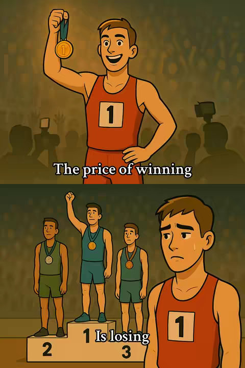 An animated illustration depicts the top and bottom halves of a competition podium scenario. The top half shows a smiling man in a red athletic uniform holding a gold medal aloft in front of a blurry crowd, with text overlayed saying "The price of winning". The bottom half shows a sad-looking man wearing the same uniform, standing alone with a disappointed expression below the second and third-place athletes, with the text "1 Is losing 3" overlaid. The background is a stadium.