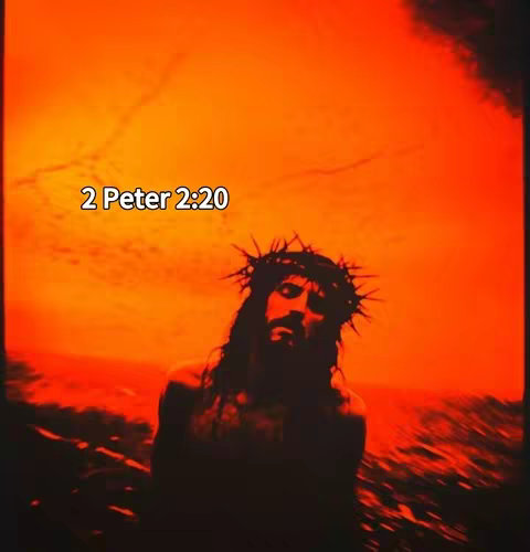 The cover image features a dramatic, reddish-orange setting with a blurred background. In the foreground, the silhouette of a person, likely Jesus Christ, wearing a crown of thorns is visible. The figure's head is tilted downward, with a sorrowful expression. Text overlay at the top left reads '2 Peter 2:20'.
