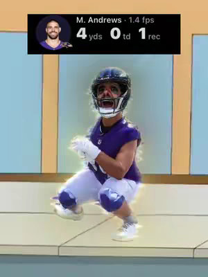 The image shows a digitally altered figure of a football player, likely a representation of a player from the Baltimore Ravens, in a crouched position. The player is rendered in a cartoonish style, wearing the team's purple and white uniform and a black helmet. The player's pose and facial expression suggest intense excitement or anticipation. A black bar labeled with "M. Andrews", team stats, and a player profile picture is placed at the top and left of the image.