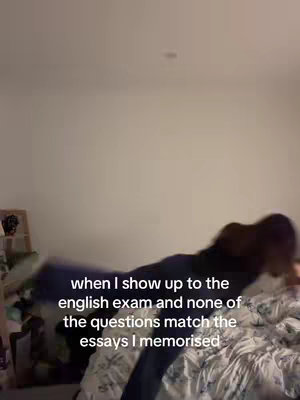 A woman is shown lying on the bed, blurred, about to jump. Text overlaid gives context about memorising in English exams.