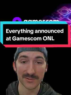 The image features a man centered with a black background. Above his head is a banner with the text overlay, "Everything announced at Gamescom ONL". The visual layout is simple, emphasizing the text and the man's face, who is wearing a gray cap and a black shirt. The face is the main focus, suggesting a direct and informative approach.