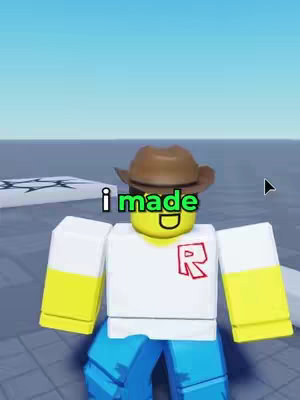 A Roblox character wearing a cowboy hat stands in a virtual environment. The character has a yellow head, white torso, and blue legs, with the Roblox 'R' logo visible on the chest. The background is a gradient of light blue to white, and there are simplistic platform objects visible.