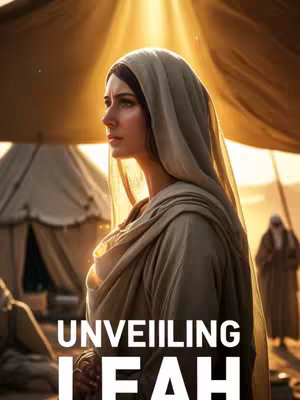The image depicts a woman from the side, bathed in light, facing towards the right. She is draped in a draped in beige fabric reminiscent of a religious or ancient setting. The backdrop reveals tents and the distant silhouette of a person. The words "Unveiling Leah" appear in a bold white font at the bottom.