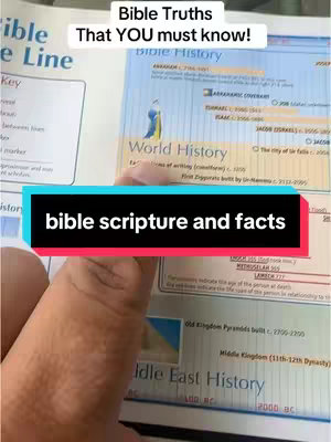 A person's hand is holding open a book with text and images on both pages. A rectangular text overlay in a teal box says 'bible scripture and facts'. Above that, a text overlay in a white box reads 'Bible Truths That YOU must know!'.
