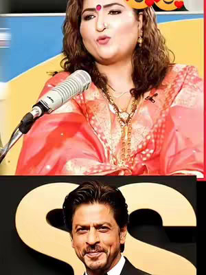 The image is split into two sections.  The top half features a woman with brown hair wearing a red and gold outfit, speaking into a microphone. She has a bindi on her forehead.  The background is blurry, with a blue and yellow color scheme. There are overlaid emojis present.  The bottom half features a man, likely Shah Rukh Khan, with a dark colored suit and a golden 'S' behind him. The image is well lit.