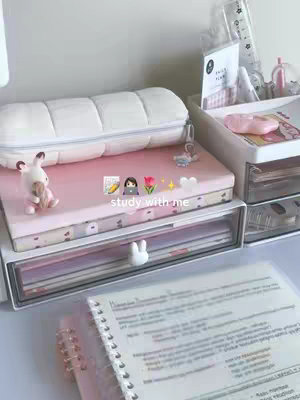A well-lit, aesthetically pleasing desk setup. A white, padded cushion is on top of a desk with white storage compartments and a pink drawer. The drawer is adorned with a white bunny handle. There is an open notebook with notes and a figurine of a rabbit on top of a pink drawer. Text overlays and emojis are visible.