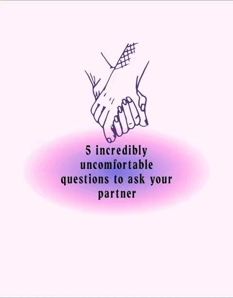 The image features a line drawing of two hands holding each other. The hands are depicted in a delicate style, with the fingers intertwined. Above the hands, a text overlay reads: "5 incredibly uncomfortable questions to ask your partner". The text is set against a soft, blurred pink and purple gradient background that adds a gentle contrast to the stark black line art of the hands. The overall layout is clean and focuses on the central message.