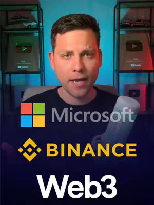 The cover image features a well-lit, close-up shot of the creator, a man with short dark hair, looking directly at the camera. He is positioned in front of a backdrop with shelves displaying YouTube Play Buttons. The Microsoft logo, the Binance logo, and Web3 text overlays are prominently displayed.