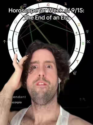 A cover image features a man with a surprised expression against a backdrop of an astrological chart. Text overlays indicate the video content is about the weekly horoscope and the start of a new astrological era.