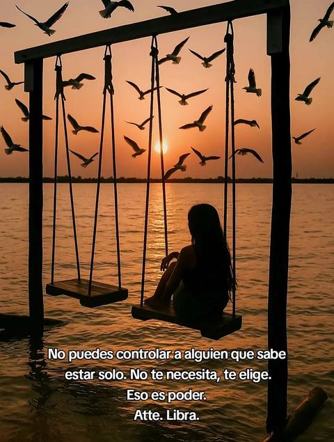 A silhouetted image of a woman sitting on a swing set at sunset, with birds flying in the sky. The background features a golden-hued sky, water, and a setting sun. In the foreground, the swing set is made of dark wood. The image has a message printed at the bottom in Spanish.