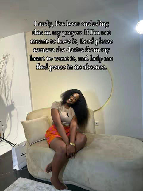 A smiling woman is seated on a beige sofa with a white shopping bag beside it. Text overlayed on the image contains a quote about prayer.