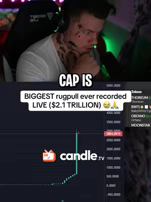 The cover image shows a man in a gaming chair with a chart of stock prices overlaid on the screen. Text overlays describe the event and add context.