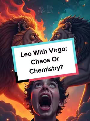 The image is a digitally created composite featuring an illustration of two lion heads facing each other with flames in the background, and text overlayed on a white rectangular area. A person with a wide open mouth is also in the frame, adding to the drama.