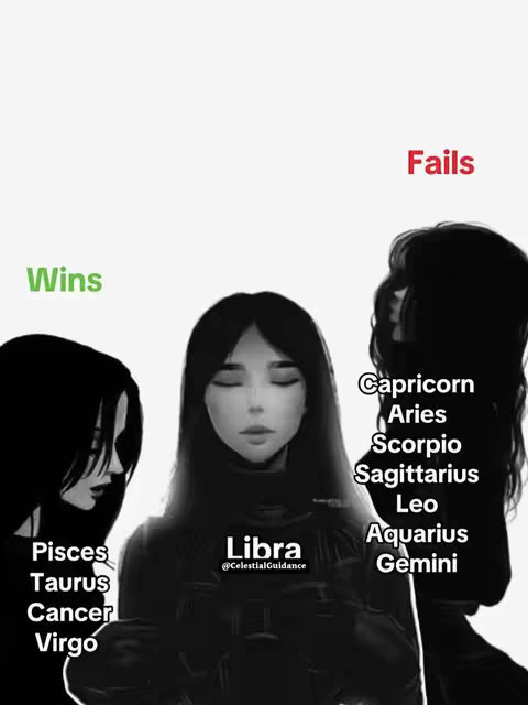 A grayscale image featuring three silhouetted figures positioned against a light background. The central figure is a woman with closed eyes, framed between two other shadowed figures. Below the central figure, the word "Libra" is displayed. The image is divided into three sections with the words "Wins" in green and "Fails" in red. The left side lists zodiac signs that "Win," while the right side lists signs that "Fail."