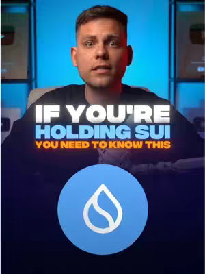 The cover image presents a man looking slightly upward, centered within the frame. Overlayed text states, 'If you're holding SUI You need to know this'. Below the text is a blue graphic with a teardrop-shaped logo. The background suggests a studio setting with gradient lighting.