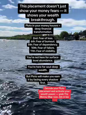 The image shows text overlayed on a photo of a body of water with land in the background. The text discusses astrology and financial transformation, with white text boxes on the image providing information about overcoming money fears and achieving wealth.