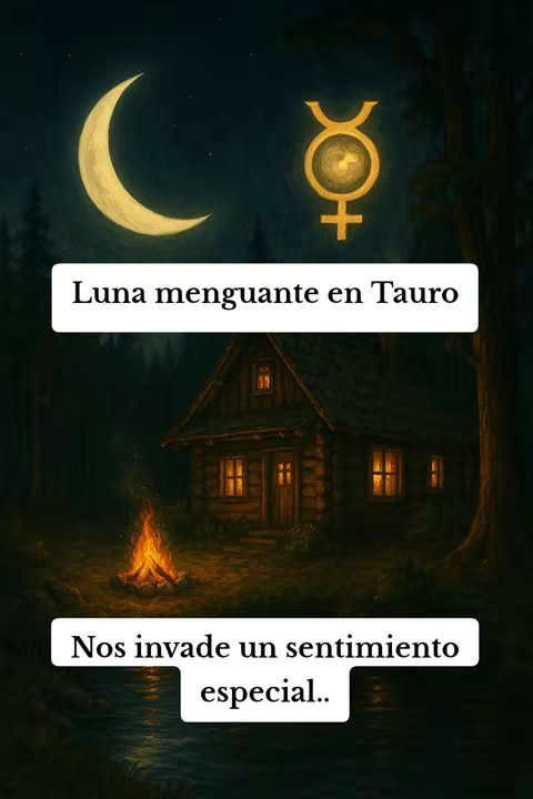 An illustrated scene at night featuring a crescent moon in the upper-left, a planetary symbol within a circle in the upper-right, with the text overlayed on a dark, moody background of a cabin and flames.