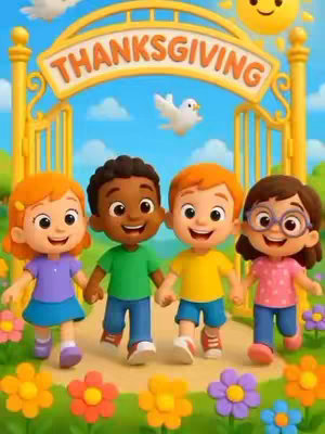 A digital illustration featuring four cartoon children walking towards the viewer. They are holding hands and smiling. The background is a sunny day scene with a gold archway that says "Thanksgiving." Flowers and green grass are in the foreground, and a happy sun and white doves are in the sky.