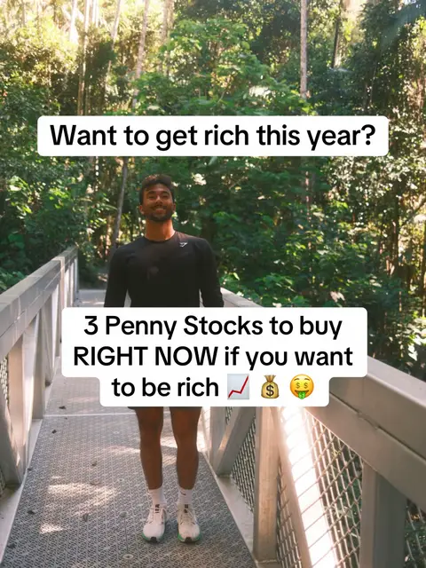 A man in athletic wear smiles, standing on a bridge in a lush forest. Text overlays present investment-related hooks.