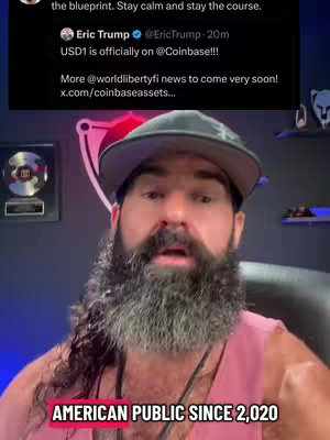 A man with a beard and a cap appears to be speaking, with a tweet from Eric Trump visible behind him and a red banner at the bottom.