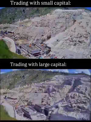 The image presents a split-screen view of a landscape. The top half depicts a construction site undergoing what appears to be intense excavation to clear the mountain and the bottom shows a similar site but at a larger scale. The sky is visible in both images.