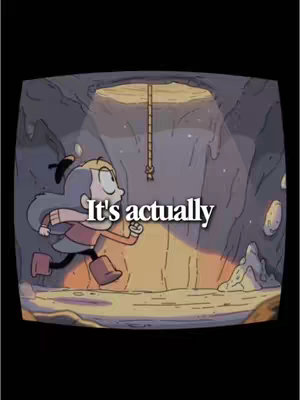 A cartoon image of a character running through a cave or tunnel, with light shining from the end, and text overlayed on the image. The background features rough rock walls and a rope hanging down, with an oval border that fades to a dark color outside the main image area.