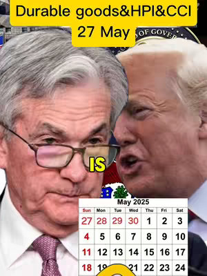 The cover image features a split composition, with two prominent figures representing Jerome Powell and Donald Trump. Above them, a yellow banner displays the text "Durable goods&HPI&CCI" and "27 May". A calendar for May 2025 is visible at the bottom. The image is overlaid with additional text, and the overall composition suggests a discussion of economic information.