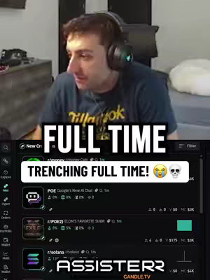 A man with dark hair wearing a headset and a blue t-shirt is looking down and to the left.  Below the man is a screen showing a crypto app. The words FULL TIME are at the top.  Below is the text 'TRENCHING FULL TIME!'