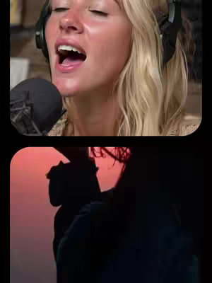 The image is divided into two sections. The top section shows a close-up of a woman with blonde hair, wearing headphones, and singing into a microphone with her mouth open. The background appears to be a studio setting. The bottom section shows a silhouette of a figure against a sunset sky.