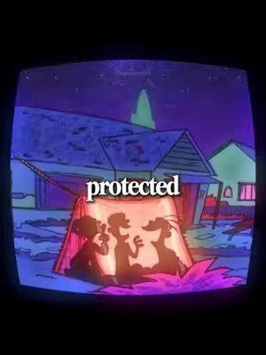 The image features a scene from the cartoon, "Ed, Edd n Eddy", with the silhouettes of the three main characters inside a tent. The word "protected" is overlaid on top. The backdrop includes a neighborhood with houses and a starry night sky.