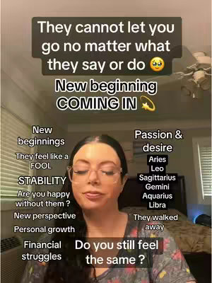 A woman with glasses looks directly at the camera with a gentle expression. Text overlays in black boxes display messages about relationships and astrology signs. The background is blurred, suggesting an indoor setting.