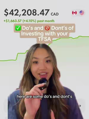 A woman holding a black microphone is in the foreground with a screen behind her. The screen shows a financial chart and text indicating it's about investing.