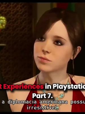 The cover image is taken from a video game, featuring a female character with dark hair, wearing a red top and a necklace. Text in white font is superimposed, providing context, like 'Best Experiences in PlayStation, Part 7.' and a line of text about diplomacy in Portuguese.