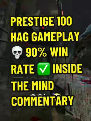 The image features text overlayed on a dark, possibly game-related background. Bold yellow text includes phrases: 'PRESTIGE 100', 'HAG GAMEPLAY', and '90% WIN RATE' along with other details. A skull emoji and a green check mark icon are also present, enhancing the visual appeal. The text is well-structured, designed to grab attention.