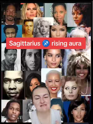 The cover image is a collage of celebrity faces with a light-skinned female at the bottom. The collage is divided into squares with different celebrity faces. There's a red bar across the top with text that says "Sagittarius rising aura".