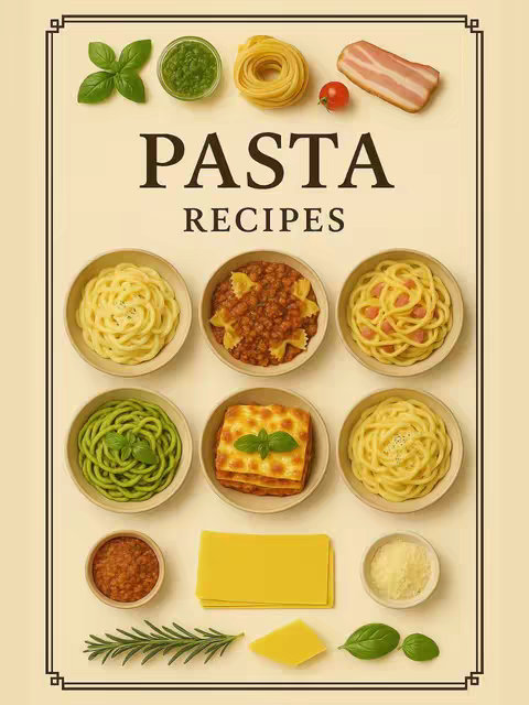A beige-colored image features a variety of pasta dishes arranged in a grid pattern. The top portion contains ingredients like basil leaves, pesto, different pasta shapes, sliced bacon, and a cherry tomato. The center showcases pasta such as spaghetti carbonara, pesto pasta, fettuccine alfredo, pasta alla bolognese, and lasagna. The layout is neat and culinary-focused, designed to showcase different pasta recipes. The words 'Pasta Recipes' are in large, bold letters centered near the top.