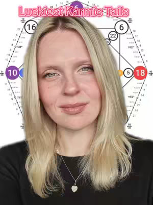 A selfie-style shot of a woman with blonde hair is centered. Text reading "Luckiest Karmic Tails" appears above her head. A circular chart with intersecting lines and numerical notations is positioned behind her. The woman is wearing a black top and a silver necklace with a heart pendant. She has a neutral expression and is looking at the camera.