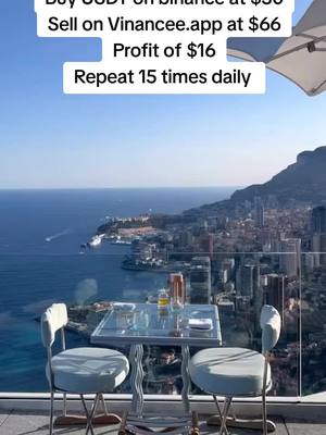 A scenic view from a high vantage point, showcasing a cityscape along the coast with buildings, mountains, and the sea. A small square glass table with two chairs is set up on a balcony, offering a clear view.
