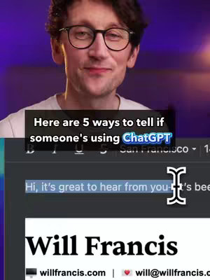 A man wearing glasses is in the foreground, smiling at the camera. Behind him, a dark background with purple and yellow hues. overlaid are informational graphics, including text and a highlighted email excerpt.