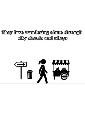 A simple black and white image featuring stick figures. At the bottom, there's a black line. To the left, there is an arrow sign pointing right, followed by a trash can, then a stick figure of a woman walking, and lastly a fruit cart. Above these figures, at the top, text describes what the cartoon figure is doing.