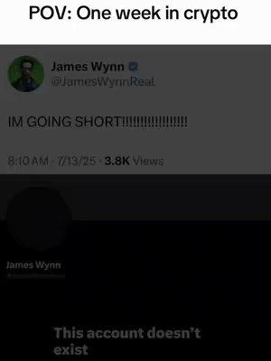 The cover image is a phone screen displaying a social media post. The top of the screen reads 'POV: One week in crypto' in white text. Underneath is a row showing a profile with a displayed avatar of a person in a green circle. Below it the text 'IM GOING SHORT' is written in bold, capital letters in white text on a gray background. Following are timestamps and user views. The lowest section of the screen has the message 'This account doesn't exist'. The entire image has a dark, grayscale color scheme.