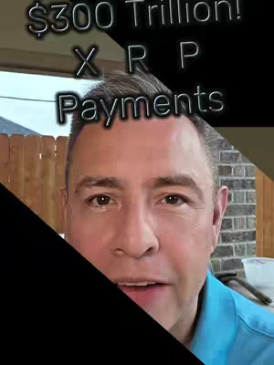 A man is centered in the frame. The top part of the image has a text overlay that reads "$300 Trillion!" and "XRP Payments" in a silver, glowing font. The man is smiling. His skin tone is fair, and his hair is short and graying. He is wearing a blue collared shirt. The background contains a wooden fence, some greenery, and a white container. A large black diagonal shape cuts across the lower portion of the image.