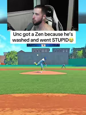 The cover image shows a split-screen: a video game scene of a baseball game taking place on the main portion of the screen and the creator reacting in a top-left inset. The game captures a live baseball pitch with a player in a blue uniform pitching, and another player catching in the distance. The background features a cityscape. The creator, a light-skinned male with short hair and a beard stubble, is wearing a headset, and shirtless. The overlaid text on the image reads, βUnc got a Zen because heβs washed and went STUPIDβ.