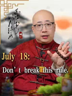 A man in a red shirt and glasses speaks directly to the camera, holding prayer beads. Text overlays indicate the date and a cautionary message, with a blurred background featuring calligraphy.