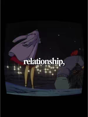 An anime-style scene with two figures in a dark, starry environment. One figure is a tall person in a long purple coat, and the other is bent over. Text in white overlaid on the image reads "relationship,".